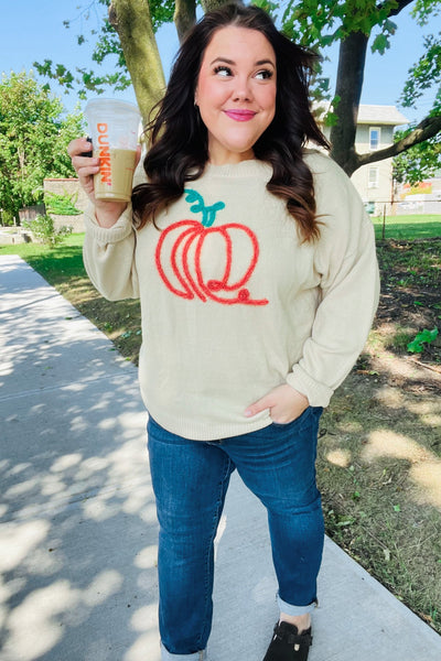 Pumpkin Spice Metallic Yarn Embroidered Oversized Sweater