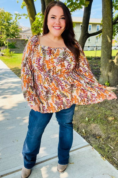 Fall in Love Taupe & Rust Floral Print Babydoll Bubble Sleeve Top