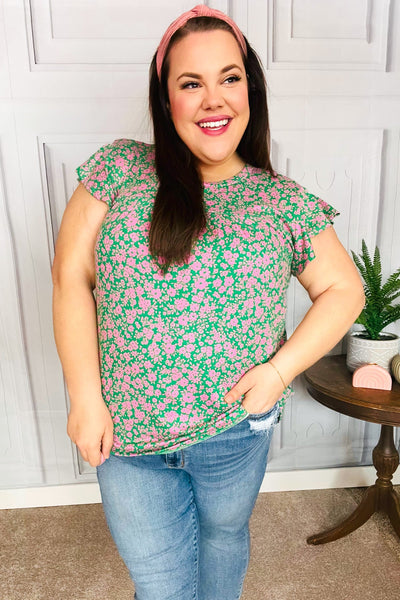 Dreamy Green & Pink Floral Yoke Ruffle Short Sleeve Top