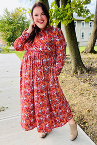 Casual Living Burgundy Floral Collared Fit & Flare Maxi Dress