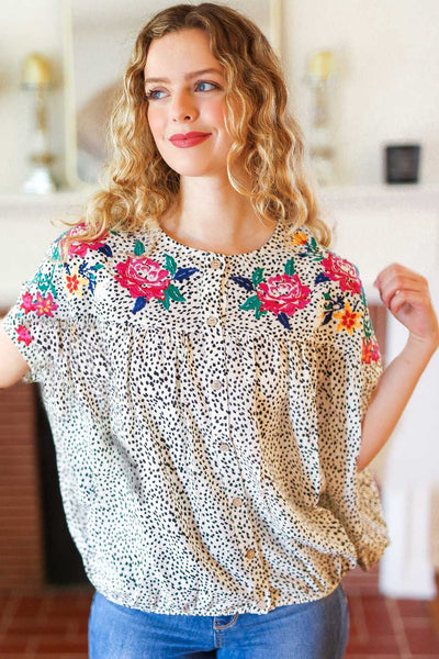 Perfectly Poised Ivory Animal Print Floral Embroidery Button Down Top