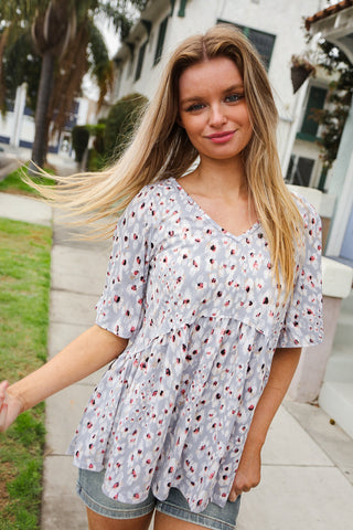 Feeling Bold Blue Grey Animal Print Short Sleeve Babydoll Top