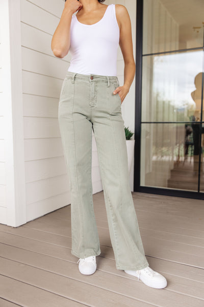 Phoebe High Rise Front Seam Straight Jeans in Sage