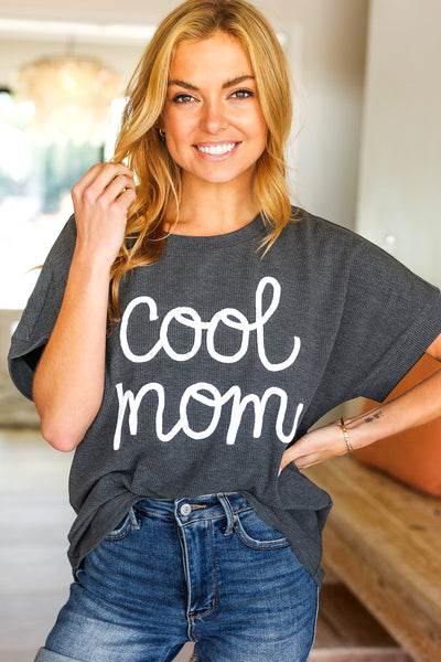 Take A Bow Charcoal "Cool Mom" Embroidery Pop-Up Rib Dolman Top