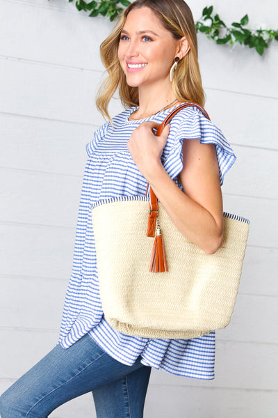 Cream Boho Raffia Woven Lined Large Tote Bag