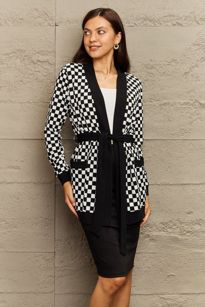 Ninexis Full Size Plaid Tie Waist Pocketed Cardigan