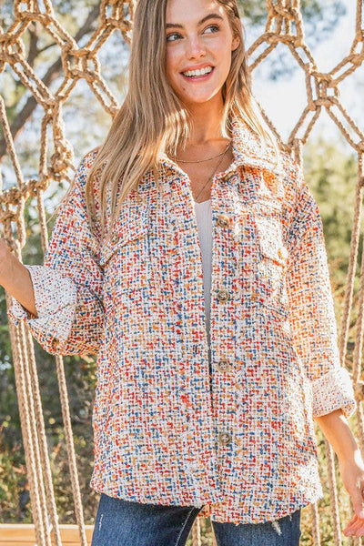 Casual Chic Multicolor Twill Long Sleeve Button-Down Shacket