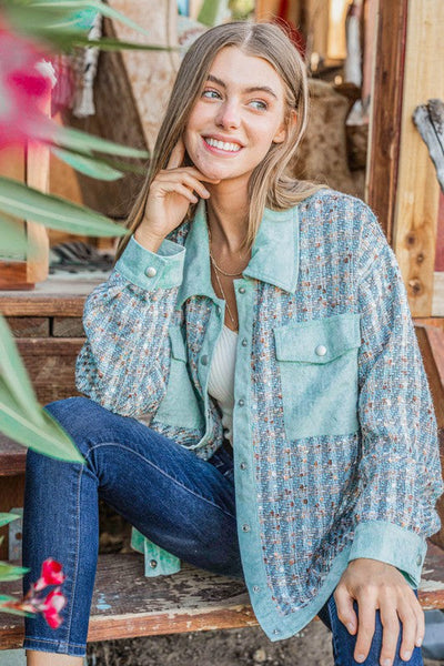Put Together Turquoise Twill Banded Snap Button Jacket