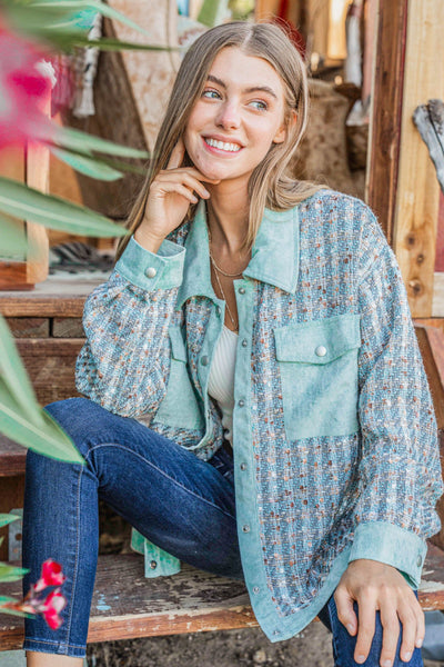 Put Together Turquoise Twill Banded Snap Button Jacket