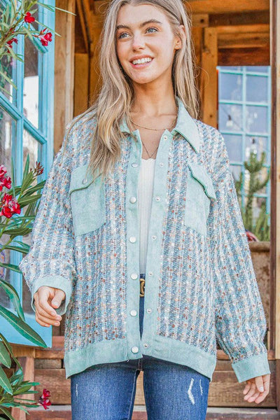 Put Together Turquoise Twill Banded Snap Button Jacket