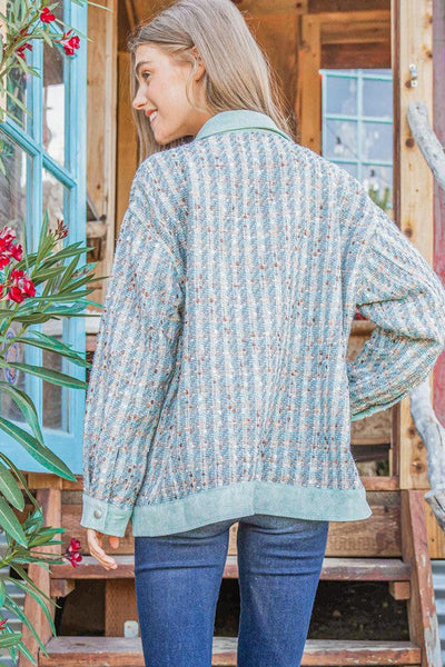 Put Together Turquoise Twill Banded Snap Button Jacket