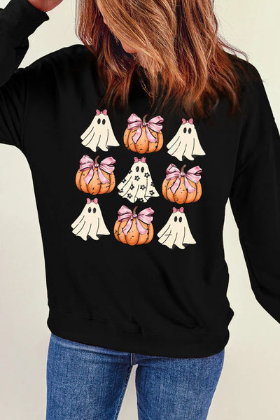 Pumpkin & Ghost Round Neck Long Sleeve Sweatshirt