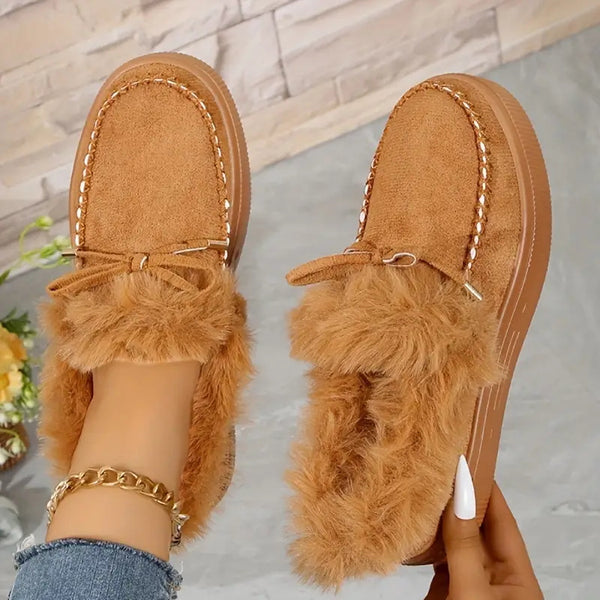 Bow Furry Round Toe Flat Slip-Ons - 9 color options!