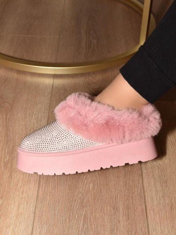 WILD DIVA Embellished Faux Fur Platform Booties - Pink