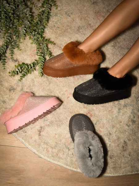 WILD DIVA Embellished Faux Fur Platform Booties - Pink