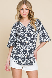 BOMBOM Floral Decorative Button V-Neck Top