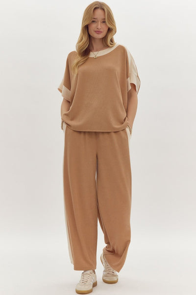 Solid Ribbed Contrast Trim Wide Leg Pants in Camel