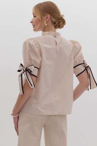 Solid Bow Tie Sleeve Blouse in Ecru