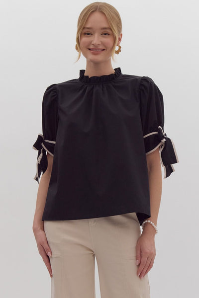 Solid Bow Tie Sleeve Blouse in Black