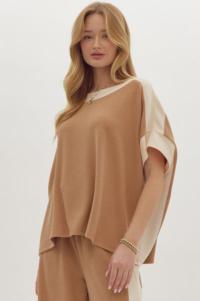 Solid Ribbed Contrast Trim Boatneck Top in Camel