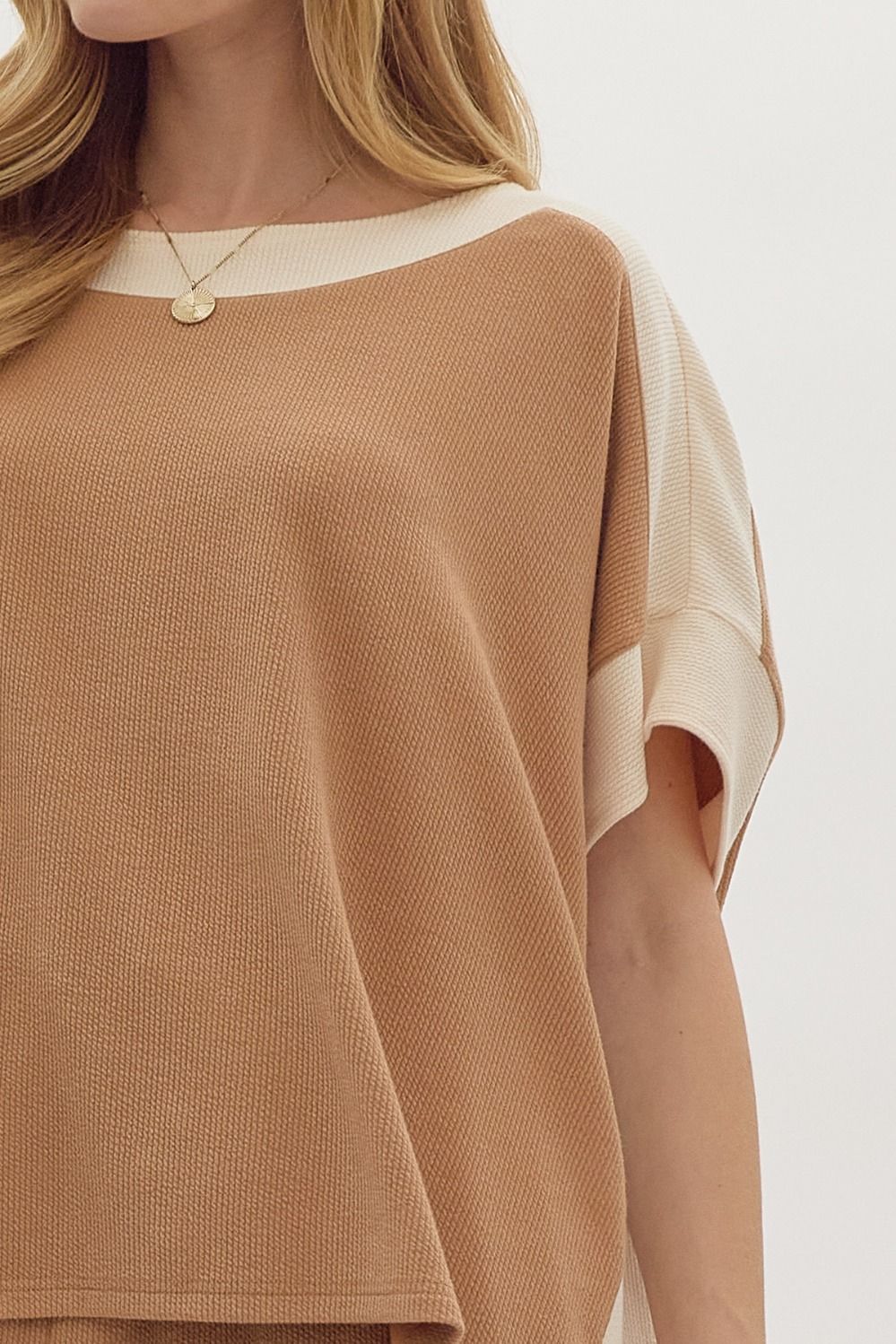 Solid Ribbed Contrast Trim Boatneck Top in Camel