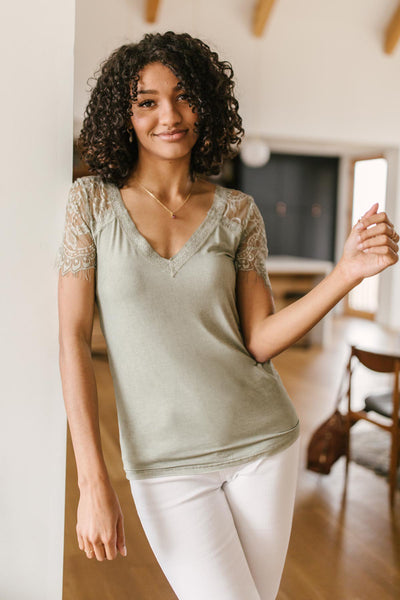 A Little Bit of Lace Top In Sage