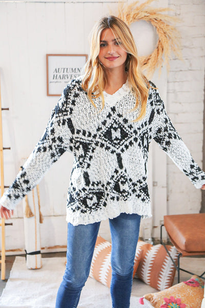 Black/White Aztec V Neck Popcorn Knit Sweater