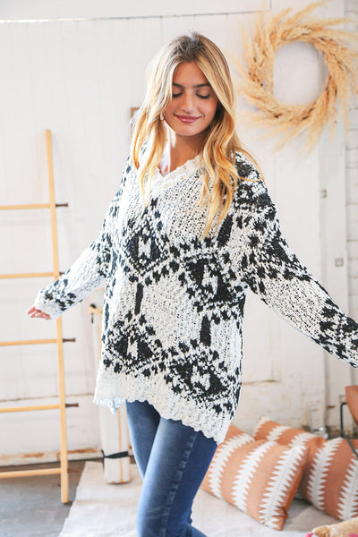 Black/White Aztec V Neck Popcorn Knit Sweater