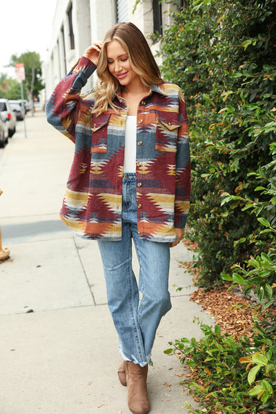 Mahogany Aztec Flannel Jacquard Oversize Shacket
