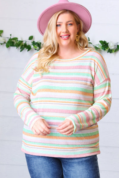 Green Apple & Tangerine Textured Vintage Stripe Top