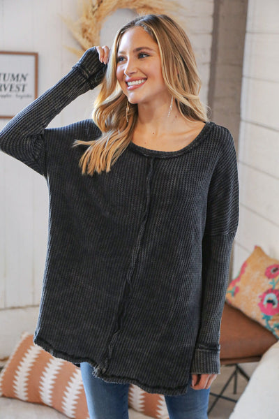 Ash Black Oversize Cotton Waffle Cut Edge Pullover