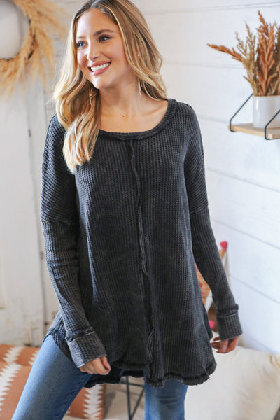 Ash Black Oversize Cotton Waffle Cut Edge Pullover