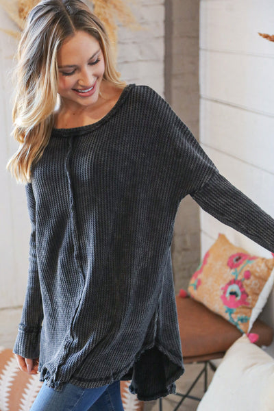 Ash Black Oversize Cotton Waffle Cut Edge Pullover