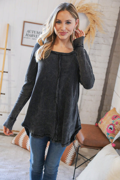 Ash Black Oversize Cotton Waffle Cut Edge Pullover