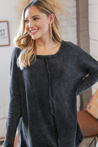 Ash Black Oversize Cotton Waffle Cut Edge Pullover