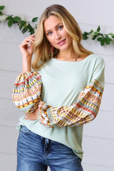 Sage Boho Print Challis Drop Sleeve Top