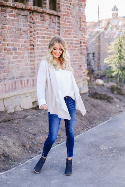 Tres Chic French Terry Cardigan In Oatmeal