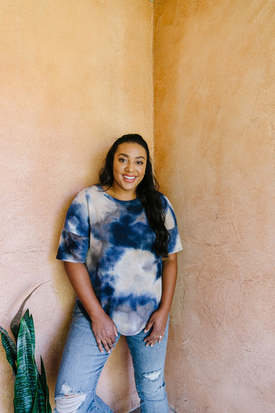 Waffle Knit Tie Dye Top In Midnight