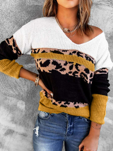 Leopard Color Block V-Neck Rib-Knit Sweater - 2 colors available!