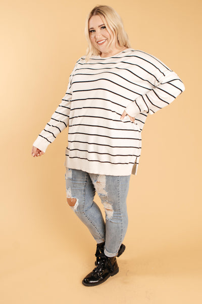 Brand New Attitude Striped Sweater Top in White