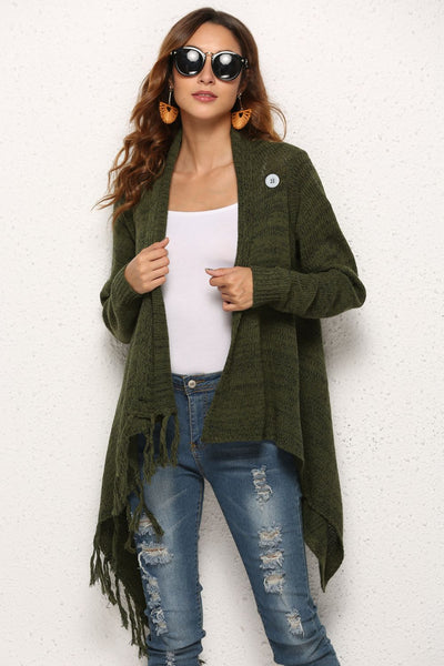 One-Button Tassel Tie Asymmetrical Hem Cardigan - 4 color options