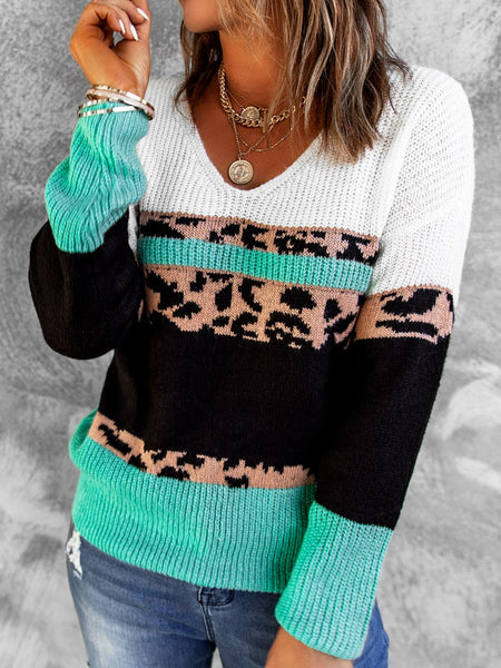 Leopard Color Block V-Neck Rib-Knit Sweater - 2 colors available!