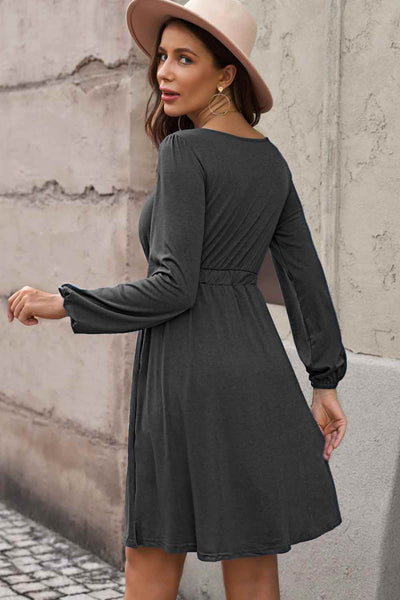 Scoop Neck Empire Waist Long Sleeve Mini Dress - multiple colors available