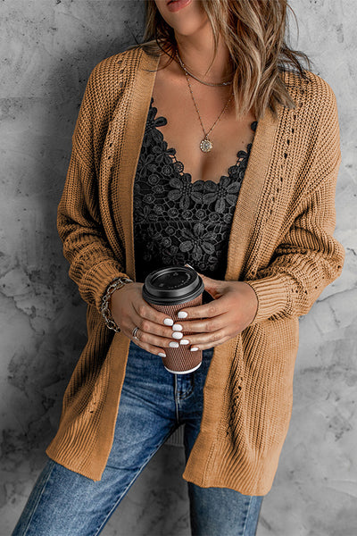 Openwork Rib-Knit Slit Cardigan with Pockets - 3 color options