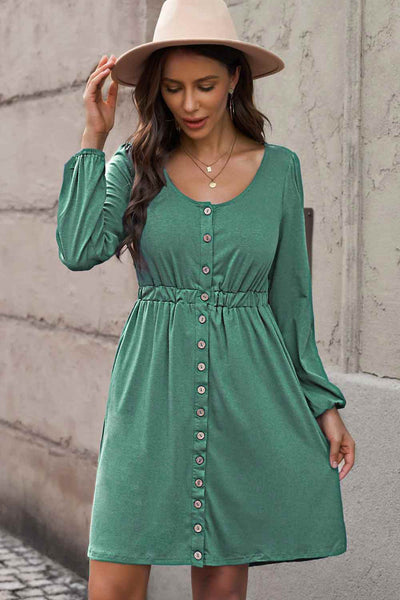 Scoop Neck Empire Waist Long Sleeve Mini Dress - multiple colors available