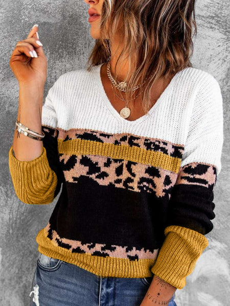 Leopard Color Block V-Neck Rib-Knit Sweater - 2 colors available!