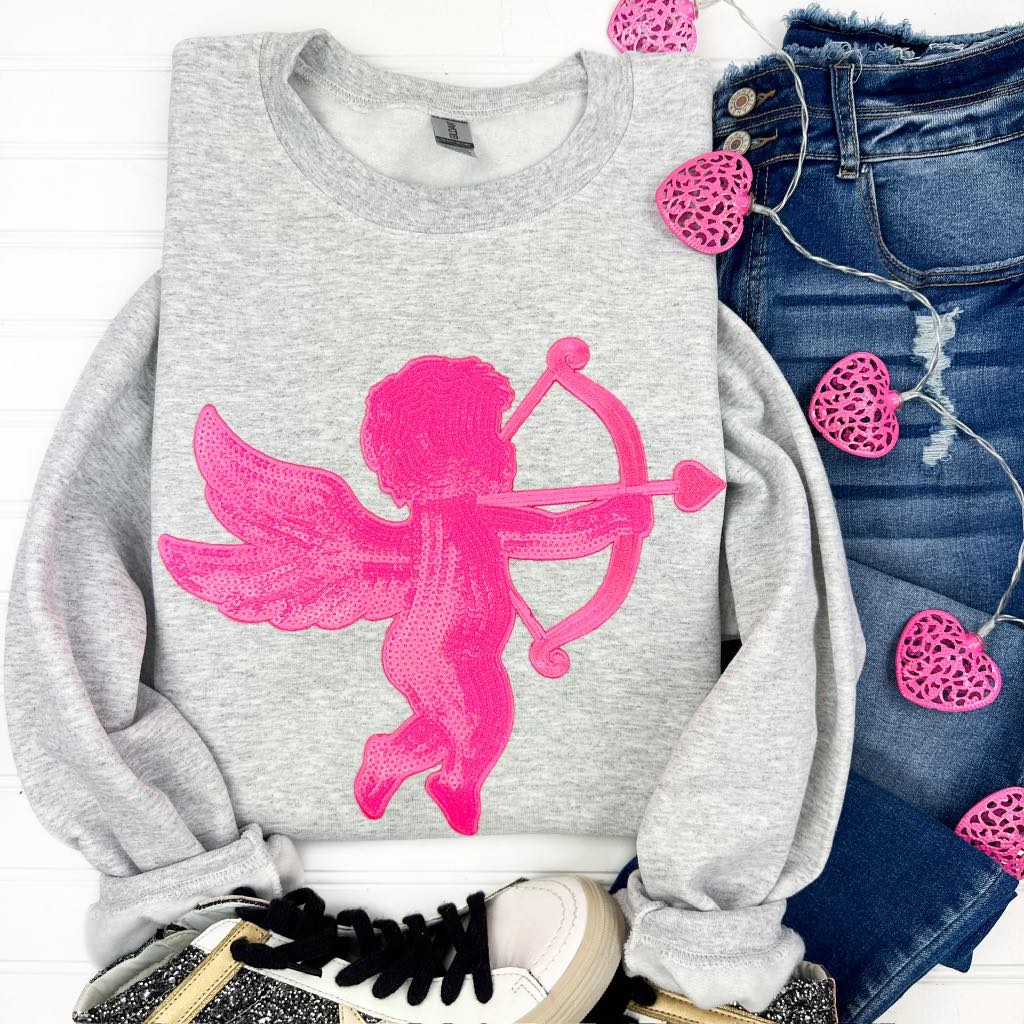 PREORDER: Sequin Patch Cupid Sweatshirt on Grey