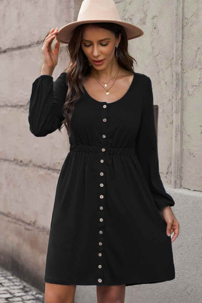 Scoop Neck Empire Waist Long Sleeve Mini Dress - multiple colors available