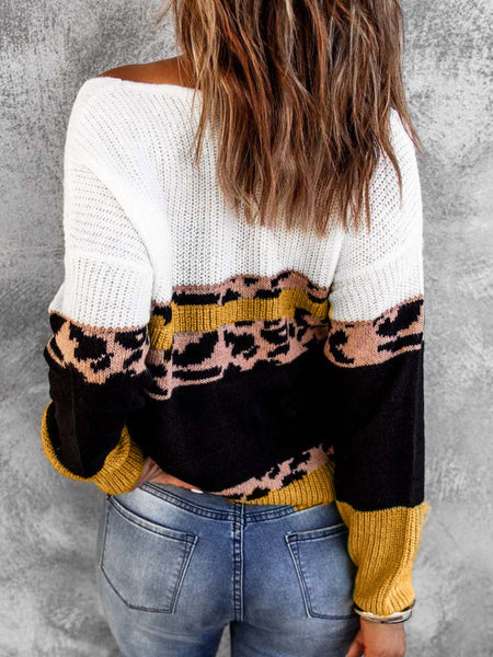 Leopard Color Block V-Neck Rib-Knit Sweater - 2 colors available!