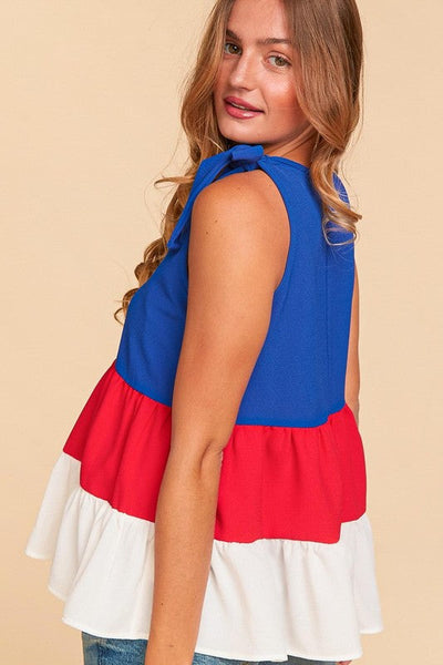 Patriotic Color Block Shoulder Tie Bow Top